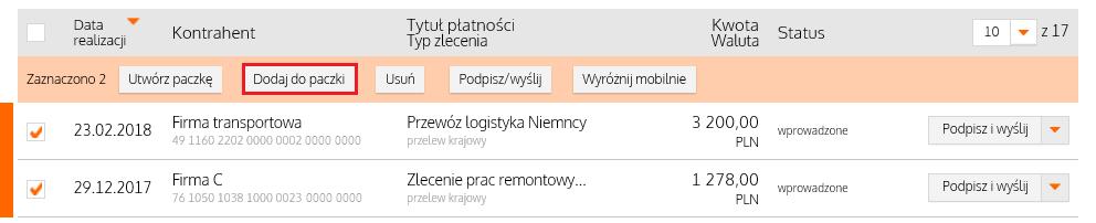 KROK 2 Wyszukaj zlecenia, które chcesz dodać do istniejącej paczki ustawiając odpowiednio filtry na Liście zleceń.
