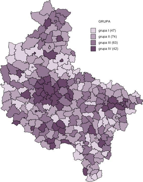 Analizując rozmieszczenie gmin przyporządkowanych do poszczególnych grup ze względu na osiągane wartości w wymiarze warunków życia, widać, że gminy znajdujące się w najlepszej sytuacji koncentrują