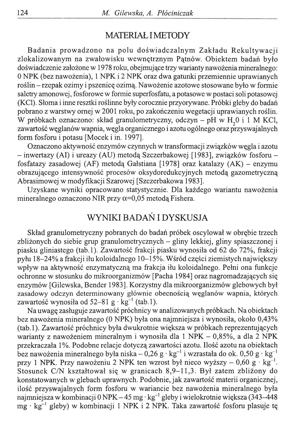 124 M. Gilewska, A. Płóciniczak MATERIAŁ I METODY B adan ia p ro w adzo n o na polu d o św iad czaln y m Z ak ładu R ek u lty w acji zlokalizow anym na zw ałow isku w ew nętrznym Pątnów.