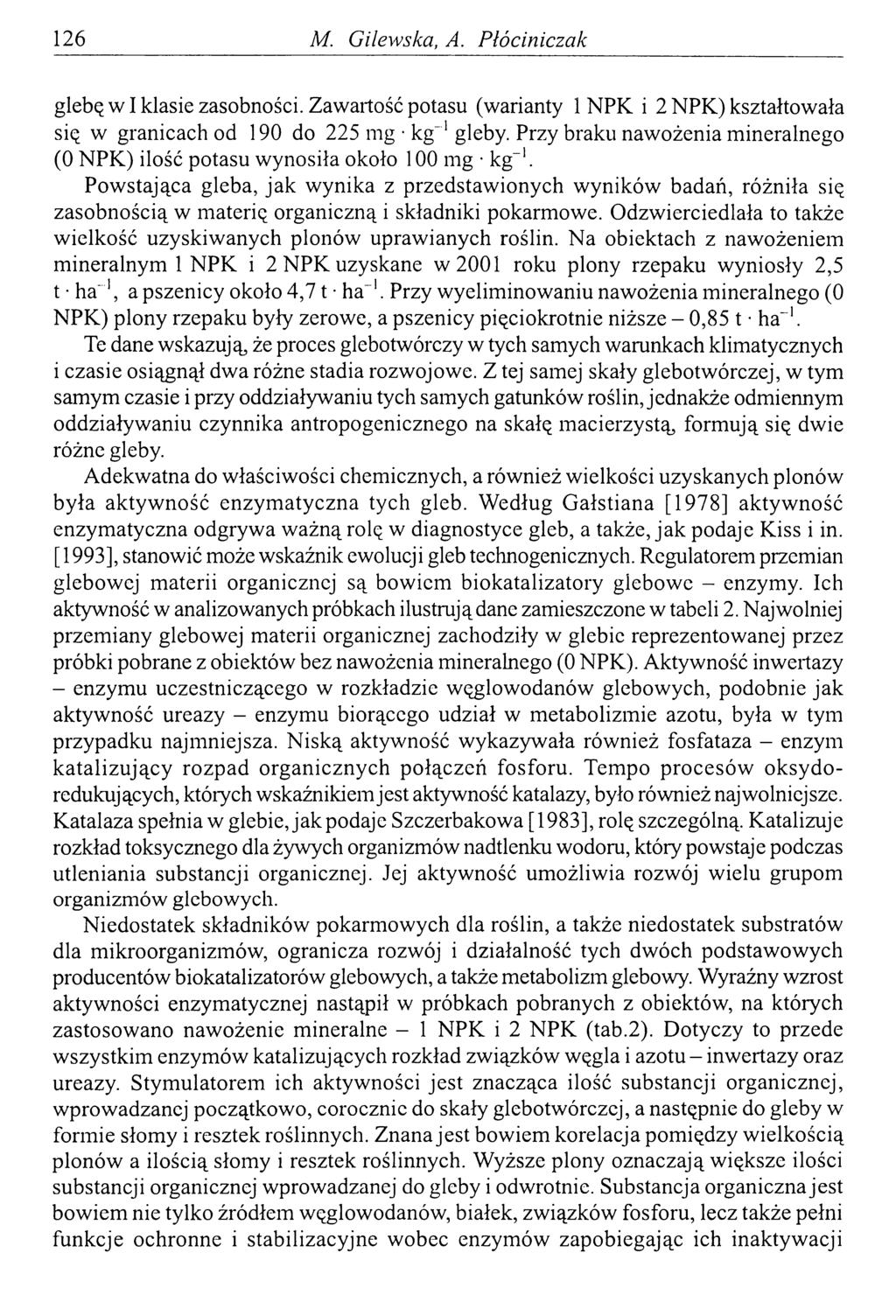 126 M. Gilewska, A. Płóciniczak glebę w I klasie zasobności. Zawartość potasu (warianty 1 NPK i 2 NPK) kształtowała się w granicach od 190 do 225 mg kg"1gleby.