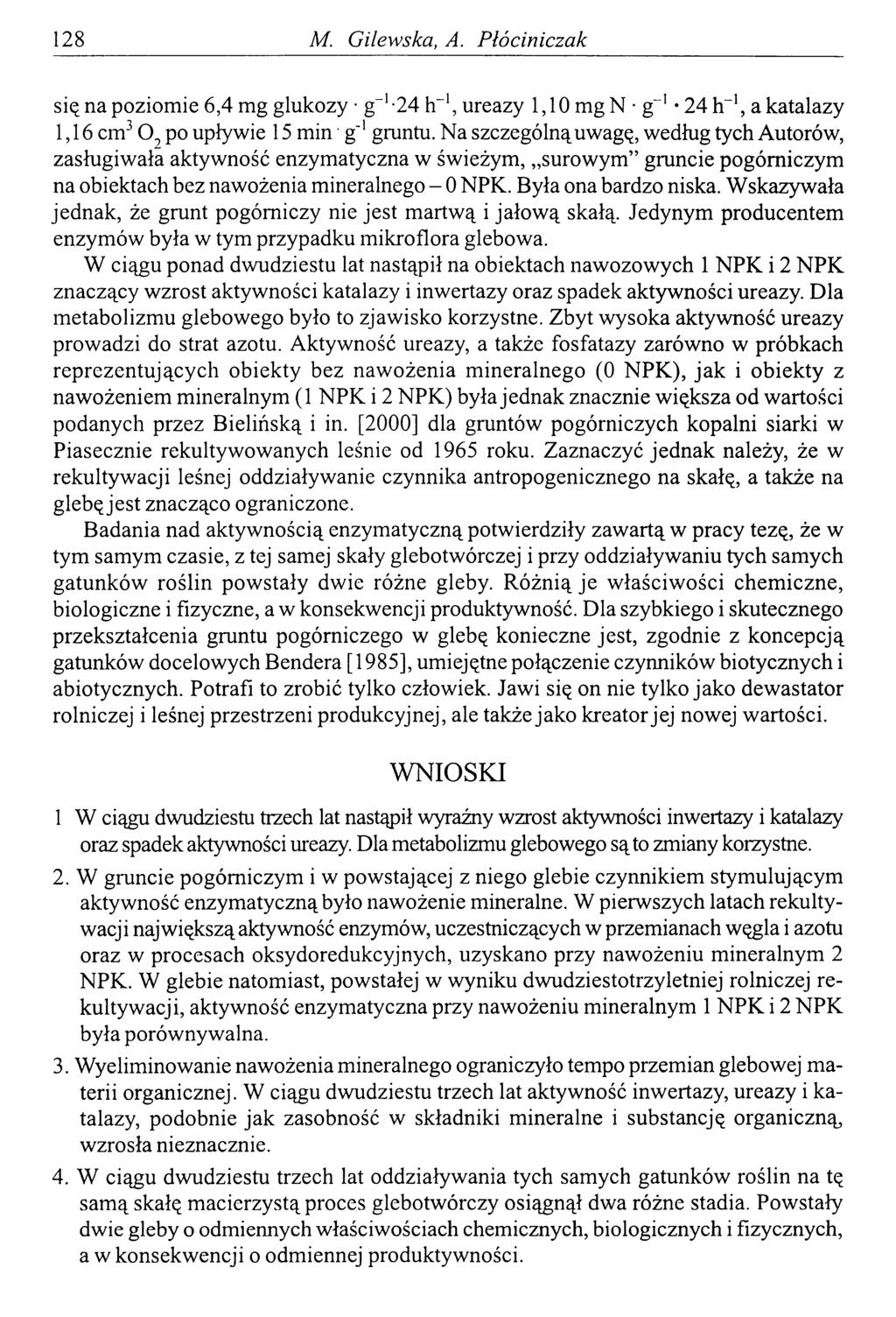 128 M. Gilewska, A. Ptóciniczak się na poziomie 6,4 mg glukozy g-1*24 h"1, ureazy 1,10 m gn g 1 24 h-1, akatalazy 1,16 cm3 0 2 po upływie 15 min g"1gruntu.