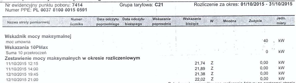 Czytanie faktur Hala Sportowa I LO Obiekt: hala sportowa Taryfa nie dopasowana do zużycia energii ele. przez obiekt.
