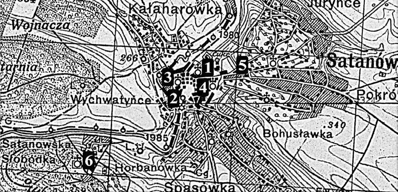 Mapa 20. Satanów na mapie WIG z oznaczeniem obiektów sakralnych: 1. kościół parafialny; 2. synagoga; 3. i 4. cerkwie pw. Zmartwychwstania Pańskiego i pw.