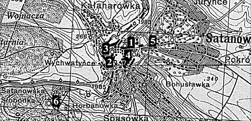 Mapa 20. Satanów na mapie WIG z oznaczeniem obiektów sakralnych: 1. kościół parafialny; 2. synagoga; 3. i 4. cerkwie pw. Zmartwychwstania Pańskiego i pw.