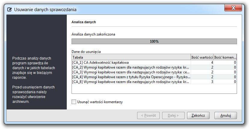 Infrmacja braku danych w sprawzdaniu Usuń dane Aby uruchmić funkcję Usuń dane należy wybrać: Menu Sprawzdanie Funkcja ta: umżliwia usunięcie wszystkich danych dla aktywneg sprawzdania, traktuje