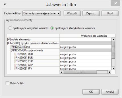 Ustawienia: twiera kn ustawień filtra, pzwala na definiwanie wymaganych filtrów wyszukiwania, prezentuje ekran w takiej samej pstaci, jak filtrwanie uruchmine z menu Widk czy pprzez iknę z pzimu