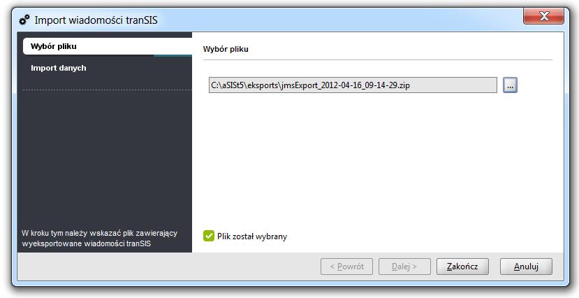 Krk pierwszy wybór pliku z wiadmściami transis (zb. Rysunek 281) Rysunek 281. Wybór pliku z wiadmściami transis Należy tu p wybraniu wskazać trzymany ze zrzeszenia plik d imprtu.