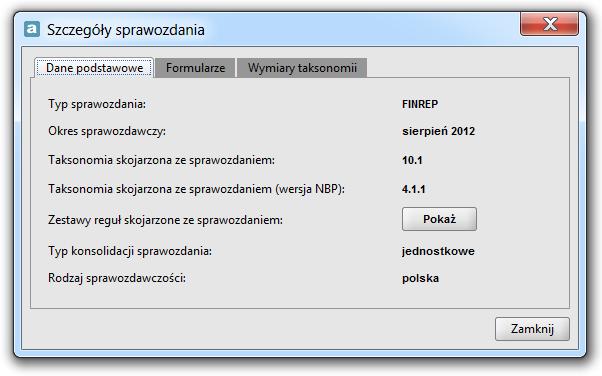 wymiary użytkwnika (dtyczy tylk tych sprawzdań, dla których definiwane były wymiary użytkwnika, jak przykładw: LE, OPR_LOSS) prezentuje szczegóły ustawień dla sprawzdania, nie pzwala na wprwadzanie