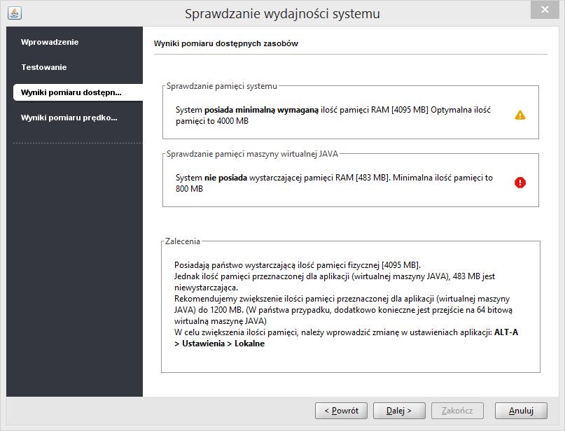 Pdczas testu następuje sprawdzenie: pamięci systemwej, pamięci maszyny wirtualnej JAVA, prędkści peracji dyskwych, prędkści peracji bazdanwych Test jest zakńczny, gdy na ekranie przedstawiającym