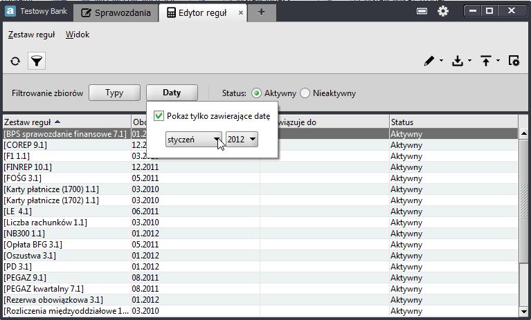 Rysunek 67. Filtrwanie zestawu reguł wg Daty Przy włącznym filtrze wyszukiwania, zakładki: Typy i Daty prezentwane są pgrubiną czcinką. 4.12.