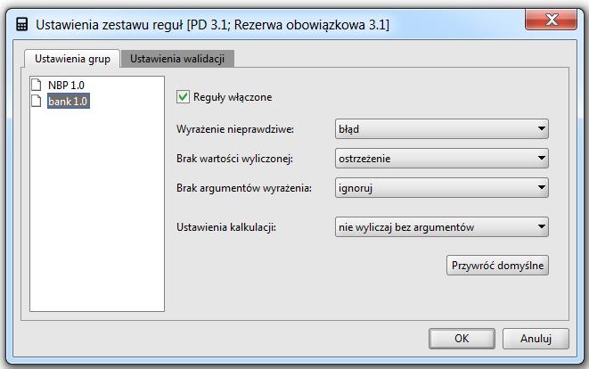 4.12.4 Ustawienia reguł Aby sprawdzić jakie są przyjęte ustawienia dla pszczególnych zestawów reguł, należy wykrzystać funkcję Ustawienia reguł wybierając: lub bądź - znajdujący się na pasku zakładek