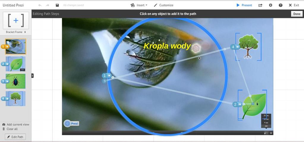 W tym celu należy dokonać edycji ścieżki poprzeć uaktywnienie, w lewej części ekranu, funkcji Edit Path. Kolejne wskazane obiekty na prezentacji oznaczane są kolejnymi numerami ścieżki.