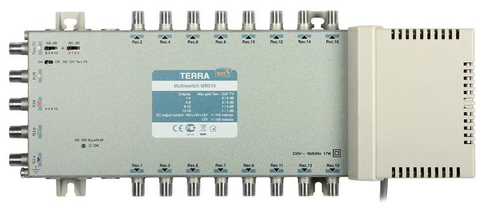 Multiswitche TERRA MR-532 i M524 od 8 do 32 wyjść, 1 pozycja satelitarna, pasmo pracy 47-790 MHz i 950-2400 MHz, separacja pomiędzy wejściami większa niż 30 db, wbudowany zasilacz (wykorzystywany
