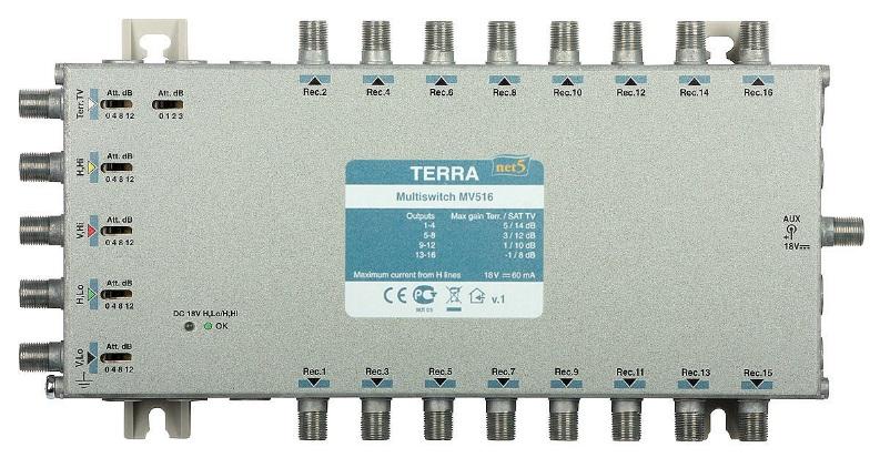 Multiswitche TERRA serii MV-508, MV-512 i MV-516 od 8 do 32 wyjść, 1 pozycja satelitarna, pasmo pracy: 47-790 MHz i 950-2400 MHz, separacja pomiędzy wejściami większa niż 30 db, Tor TV naziemnej