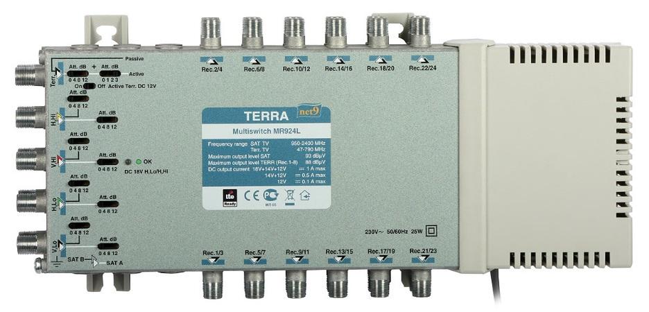 Multiswitche TERRA MR-924 i MR-932 od 8 do 32 wyjść, 2 pozycje satelitarne, pasmo pracy: 47-790 MHz (tor aktywny), 5-862 MHz (tor pasywny), 950-2400 MHz (SAT IF), separacja pomiędzy wejściami większa