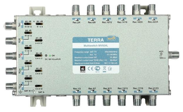 Multiswitche TERRA MV-924L i MV-932L od 8 do 32 wyjść, 2 pozycje satelitarne, pasmo pracy: 47-790 MHz (tor aktywny), 5-862 MHz (tor pasywny), 950-2400 MHz (SAT IF), separacja pomiędzy wejściami