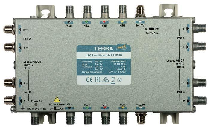 SRM-580 TERRA klasa A z aktywnym torem TV Digital SCR Nazwa SRM580 Kod R80580 SAT IF wejście 950-2150 MHz Pasmo pracy SAT IF wyjście 950-2150 MHz DVB-T/Radio 47-862 MHz Ilość wejść/wyjść SAT IF 4