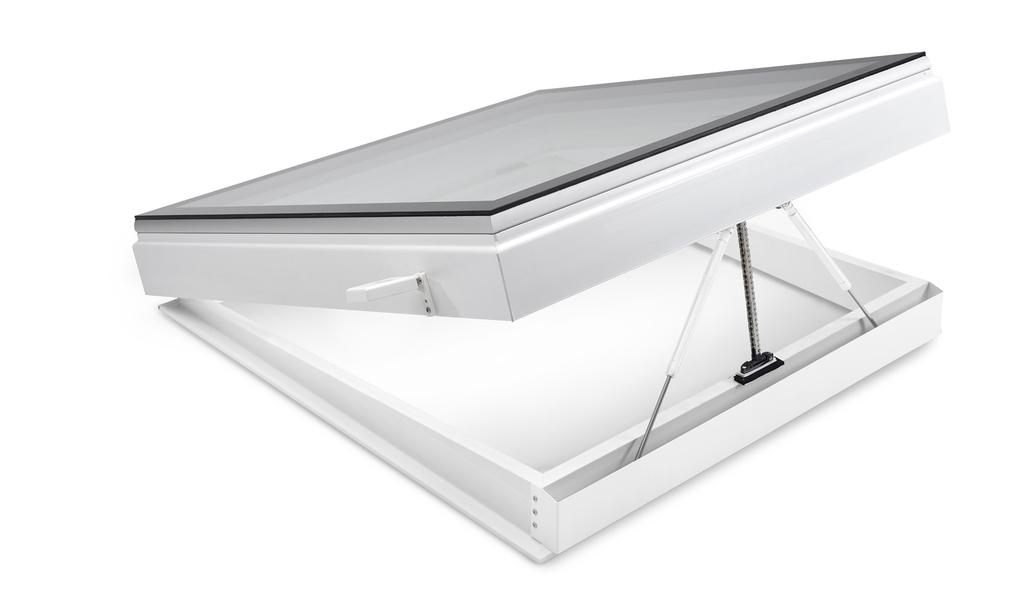Okno Skylux iwindow Wbudowany silnik łańcuchowy Czujnik deszczu Pochylany wieniec pośredni z PCW Sprężyny gazowe Ogólny opis produktu Pilot jest zawsze dołączony do zestaw De Skylux iwindow2/3 Flex