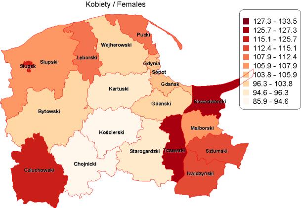 2012r, podział na powiaty i płeć.