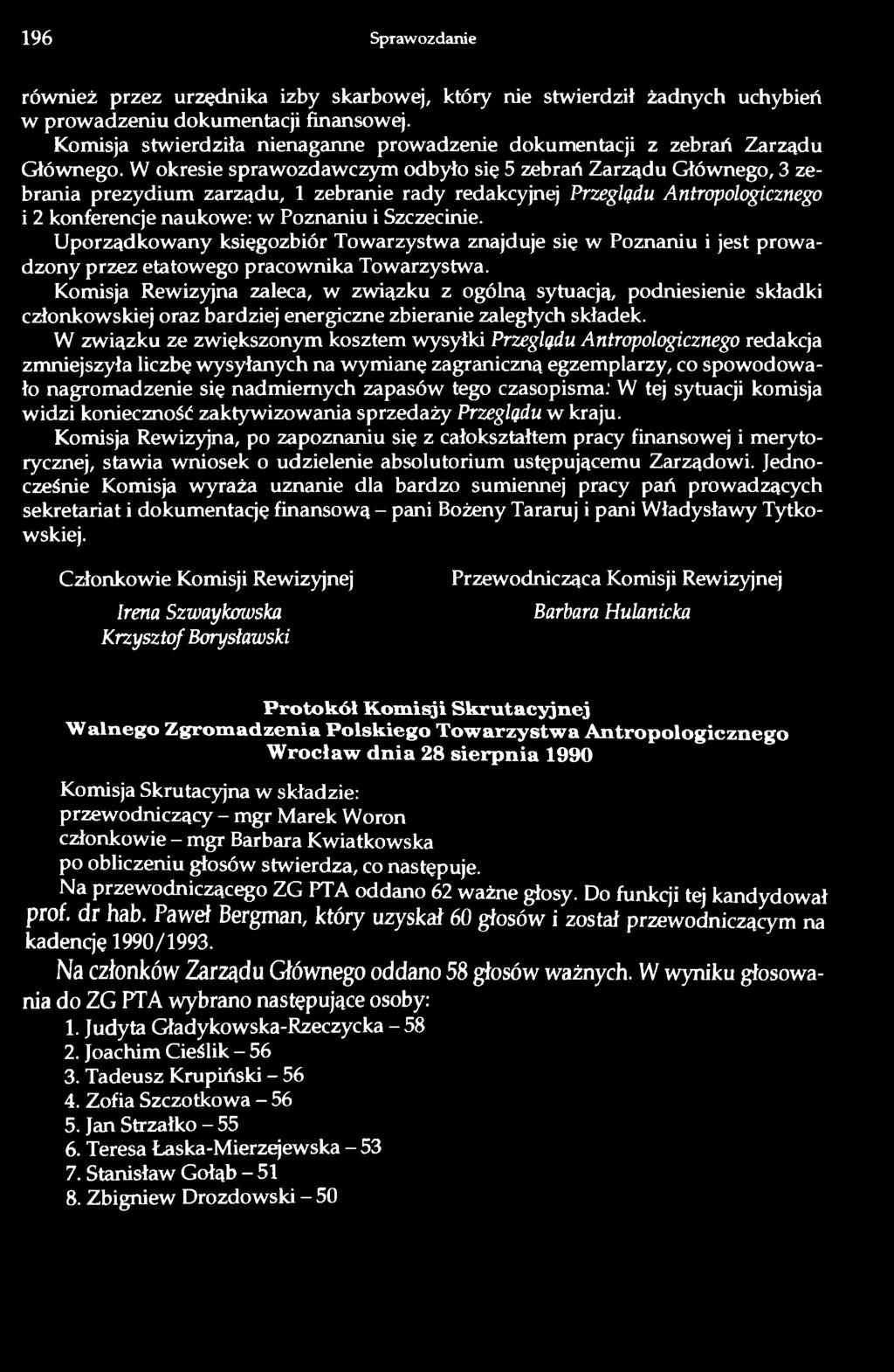 W okresie sprawozdawczym odbyło się 5 zebrań Zarządu Głównego, 3 zebrania prezydium zarządu, 1 zebranie rady redakcyjnej Przeglądu Antropologicznego i 2 konferencje naukowe: w Poznaniu i Szczecinie.
