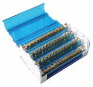 Technical description: Modular 2- and 4-pole blocks, IN rail or surface mounted. locks consists of brass threaded clamps and plastic insulating housings. lock covers are removable.