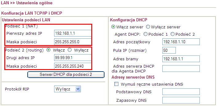 2. Konfiguracja interfejsu LAN Przejdź do zakładki LAN>>Ustawienia ogólne w panelu konfiguracyjnym routera. Wpisz odpowiednie adresy podsieci dla celów NAT oraz podsieci dla celów routingu.