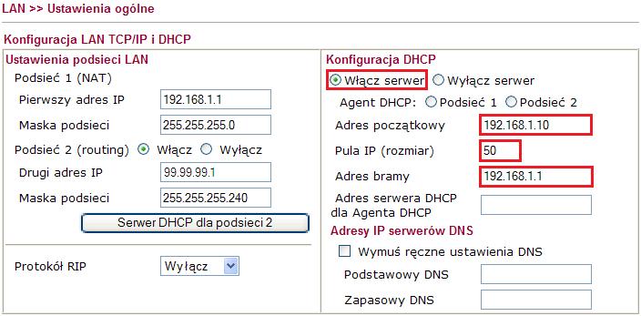 3.2.1. Serwer DHCP podsieci dla celów NAT Przejdź do zakładki LAN>>Ustawienia ogólne w panelu konfiguracyjnym routera. Włącz i skonfiguruj serwer DHCP dla podsieci dla celów NAT.