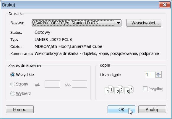 Na liście Typ drukarki kliknij strzałkę w dół i wybierz Towary niebezpieczne. Kliknij Dodaj. Wyświetla się okno Drukuj.