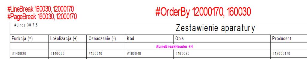 Rezultat po wstawieniu #LineBreakHeader +H oraz #LineBreak 160030, 12000170 Współdziałanie poleceń #PageBreak, #LineBreak, #LineBreakHeader polega na