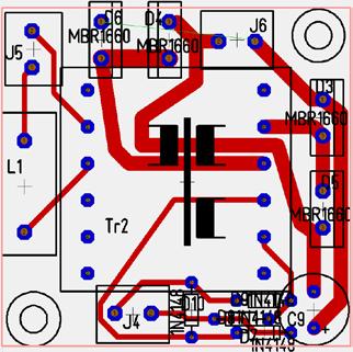 jest podawany na transformator Tr1 sterujący przez rezystory R16 R18 (kształtujące impuls bramkowy) na bramki tranzystorów kluczujących MOSFET T2 T5, które poprzez rezystor R13 zabezpieczający je