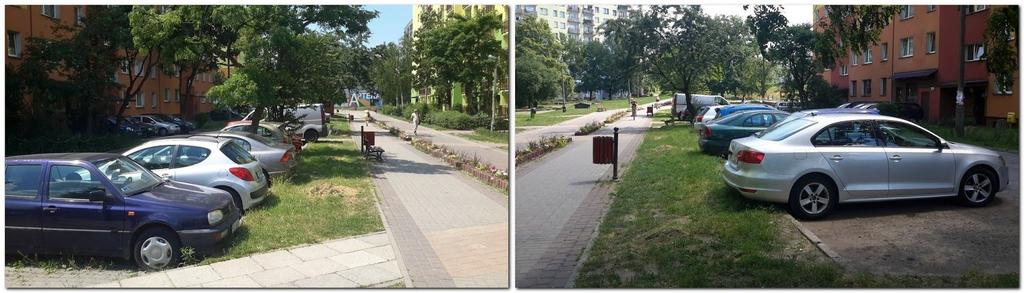Jest możliwość poszerzenia drogi do 4,5 m poprzez przesunięcie zatok parkingowych znajdujących się po lewej stronie drogi w kierunku deptaka (zdjęcia 6 i 7