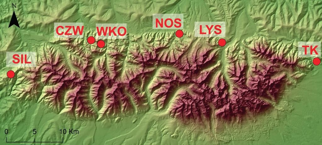 Ryc. 1. Lokalizacja stanowisk badawczych w Tatrach Fig. 1. Location of sampling sites in the Tatra Mountains Tab. 1. Charakterystyka stanowisk badawczych Table1.