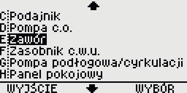 MENU PARAMETRÓW ZAWORU - grupa E Obracamy pokrętłem wybierając Zawór Naciskamy MENU Naciskamy WYBÓR lub pokrętło W celu zmiany nastaw zaworu należy nacisnąć przycisk [MENU].