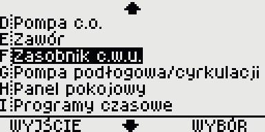 MENU PARAMETRÓW ZASOBNIKA C.W.U. - grupa F Obracamy pokrętłem wybierając Zasobnik c.w.u. Naciskamy MENU Naciskamy WYBÓR lub pokrętło W celu zmiany nastaw zasobnika c.w.u. należy nacisnąć przycisk [MENU].