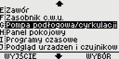 MENU PARAMETRÓW POMPY PODŁOGOWEJ / CYRKULACJI - grupa G Obracamy pokrętłem wybierając Pompę podłogową/ cyrkulacji Naciskamy MENU Naciskamy WYBÓR lub pokrętło W celu zmiany nastaw pompy inst.