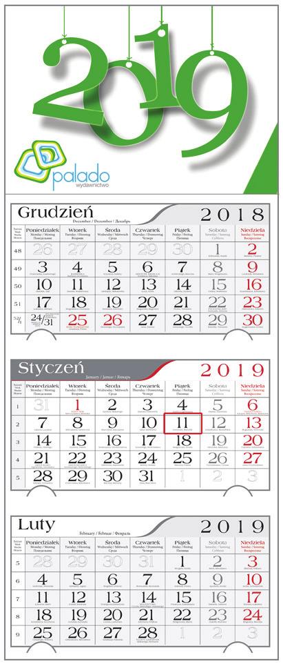 Kalendarze trójdzielne Kalendarze z indywidualną główką Kalendarze posiadają wypukłą główkę, na której wykonywana jest indywidualna grafika. 25 szt.
