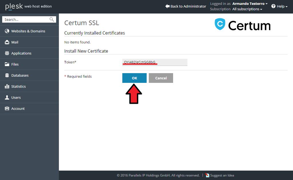 3. Plesk - Panel Klienta 3.1. Instalacja Certyfikatu Zaloguj się na swoje konto w systemie Plesk. Znajdź Certum SSL w sekcji Additional Services.