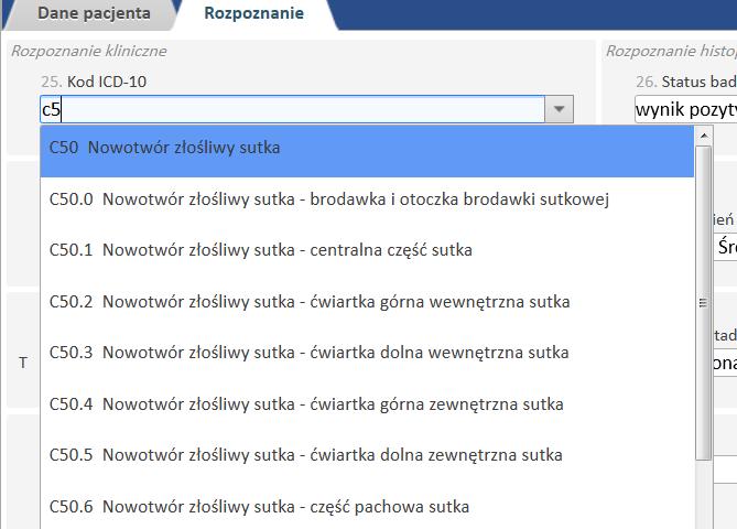 Rysunek 3-3 Wybór kodu ICD-10 poprzez wpisanie numeru nowotworu wg klasyfikacji ICD-10 The selection of the ICD-10 code by entering the number of cancer according to ICD-10 Rysunek 3-4 Komunikat w