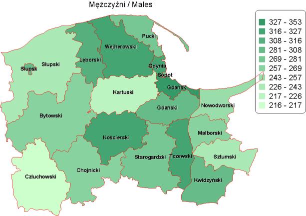 Rysunek 5-3. zachorowań na nowotwory złośliwe w 2013r, podział na powiaty.