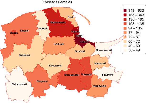 powiaty i płeć. Crude mortality rates in cancer in 2013 by county and sex.