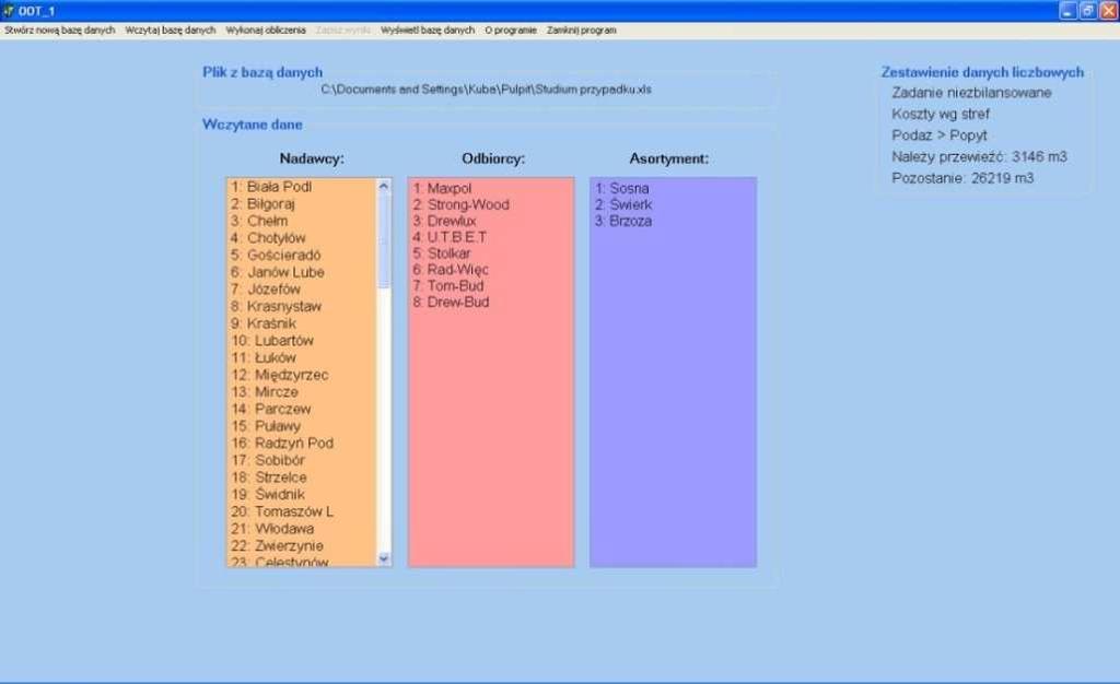 Rys. 2. Ekran właściwy programu po operacji wczytywania Moduł obliczeniowy Najważniejszą częścią programu OTT_1 jest moduł obliczeniowy optymalizacji.