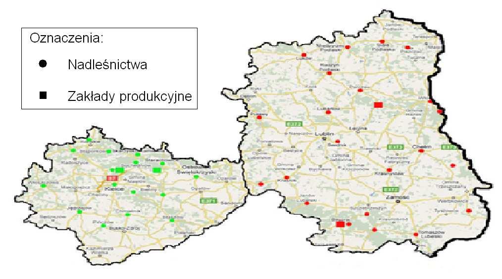 4. PRZYKŁAD OBLICZENIOWY DOSTAW DREWNA W RELACJI NADLEŚNICTWO ZAKŁAD PRODUKCYJNY Z ZASTOSOWANIEM PROGRAMU OOT_1 Weryfikacji opracowanego programu dokonano na przykładzie dostaw drewna z nadleśnictw