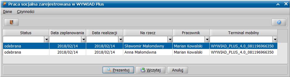 Wybór menu WYWIAD Plus powoduje uruchomienie okna Praca socjalna zarejestrowana w WYWIAD Plus. Pozycje listy tego okna pojawiają się automatycznie po odebraniu pracy socjalnej z programu WYWIAD Plus.