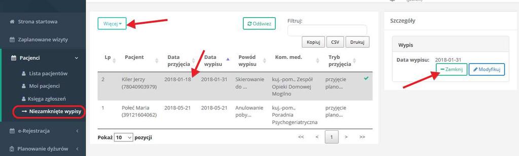 Rys. 44 W tym oknie należy skorzystać z opcji więcej i tam wybrać odpowiednie daty, zaznaczyć pacjenta i