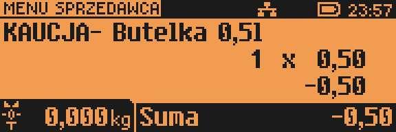 Po zatwierdzeniu klawiszem [RAZEM] wybranego opakowania, kasa wyświetli potwierdzenie wykonanej operacji: przykład dla funkcji KAUCJA+ przykład dla KAUCJA- Przeglądanie pozycji paragonu W trakcie