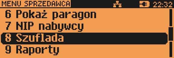 Szuflada Zalogowany kasjer może otworzyć podłączoną do kasy szufladę w dowolnym momencie sprzedaży, o ile ma do