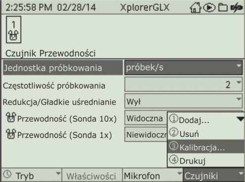 Ponownie wciśnij F4 (I) aby otworzyć menu Czujniki. Wciskaj strzałkę w dół (d) aby z menu wybrać Kalibracja.