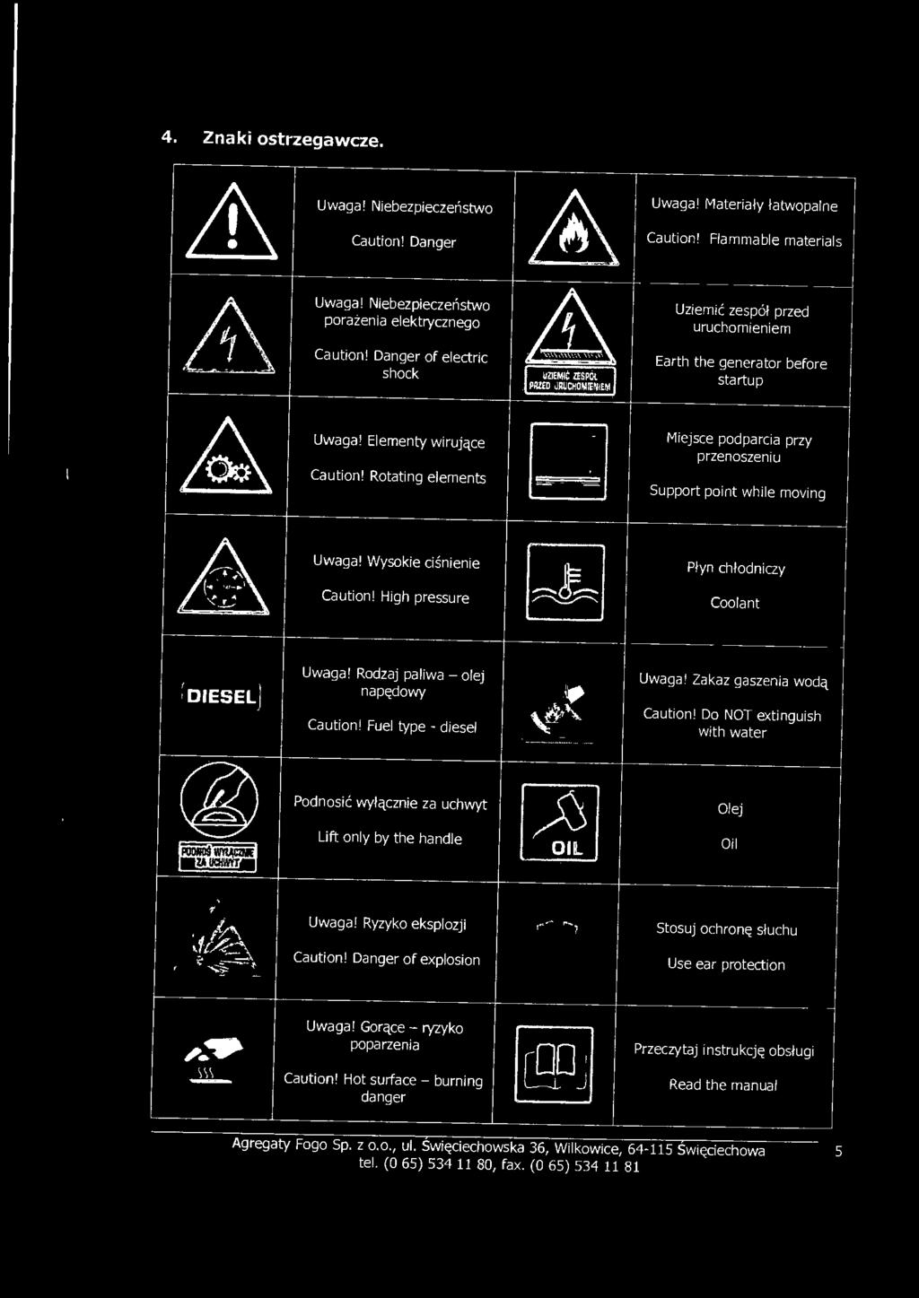 Rotating elements ~ Miejsce podparcia przy przenoszeniu Support point while moving ~ Uwaga! - Wysokie ciśnienie Caution! High pressure ~ Płyn chłodniczy Cool ant!diesel),q Podnosić 1 1$1 A Uwaga!