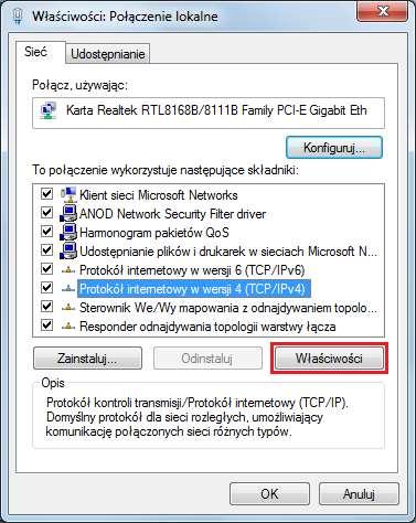 3. Wybierz Protokół Internetowy w wersji 4 (TCP/IP) a następnie