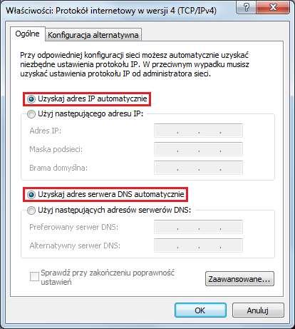 Pojawi się nowe okno w którym zaznacz Uzyskaj adres IP automatycznie